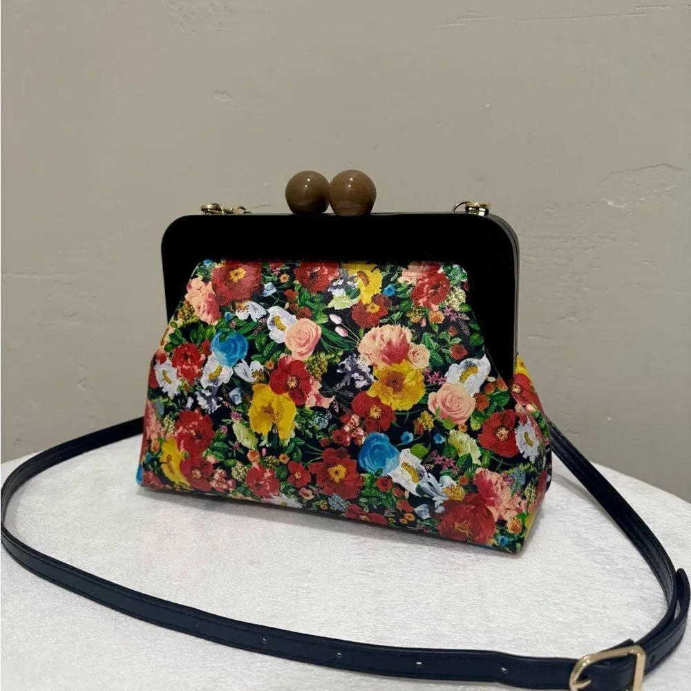 Floral Print Cowhide Leather Handmade Wooden Frame Clutch Bag/Crossbody